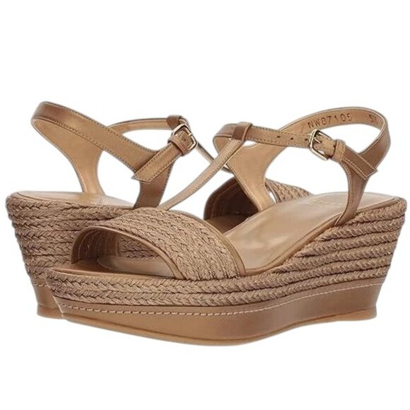 Stuart Weitzman Metallic Gold Bronze T-Bar Raffia Wedge Platform Flatty Sandals - Picture 1 of 10